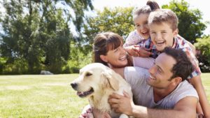 family and dog playing outside