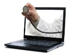 Doctors hand holding a stethoscope through a laptop screen towards a patient