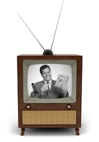 1950's television with a newscaster reading a news bulletin