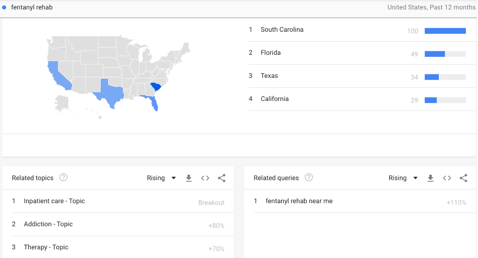 US Map of interest in fentanyl rehabs